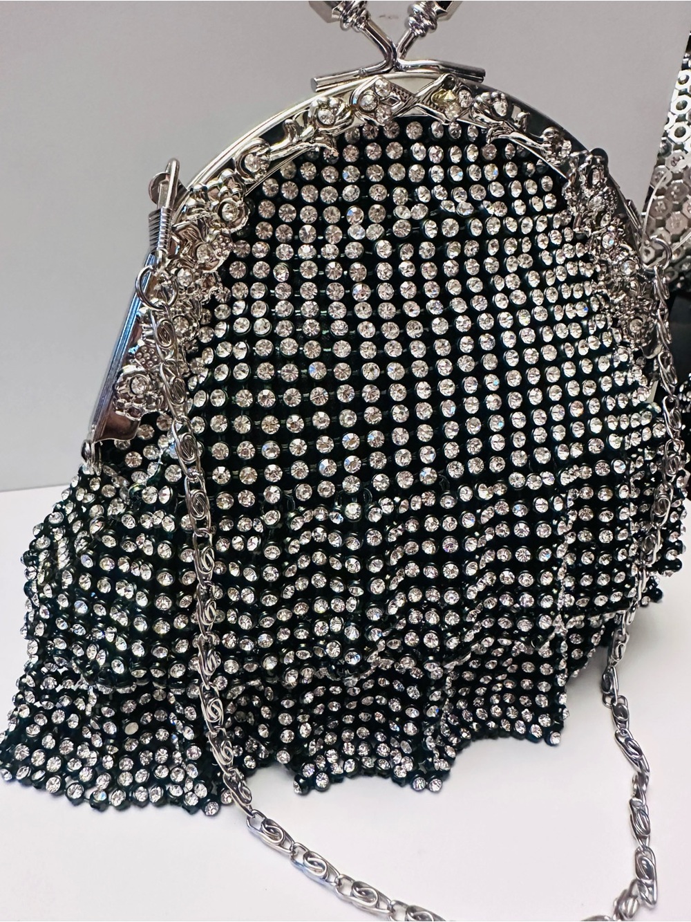 NWT Hollywood Glamor Black/Silver & Rhinestone Skirted Frame Clutch/Purse/Handba - Picture 12 of 13